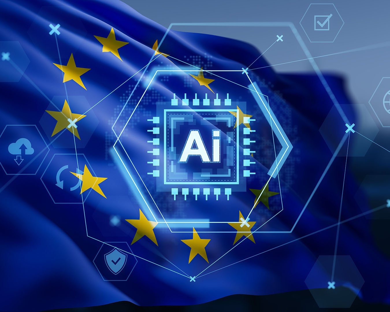 Europese vlag met digitale AI- en beveiligingselementen, die de balans tussen AI-innovatie, datacontrole en Europese privacywetgeving verbeeldt.